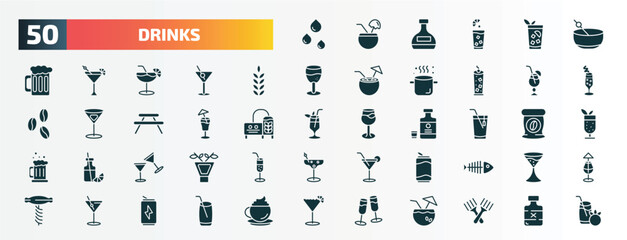 set of 50 filled drinks icons. flat icons such as drip, greyhound drink, grain, blue lagoon, mai tai, ice tea, toast, soda can, manhattan drink, wine toast glyph icons.