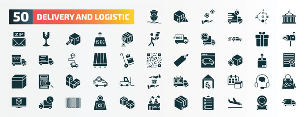 set of 50 filled delivery and logistic icons. flat icons such as ship by sea, container hanging, wait time, gift, pallet, delivery shield, packages, warehouse, delivery delay, parcel glyph icons.