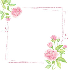 watercolor beautiful pink English rose flower bouquet with frame banner or logo square