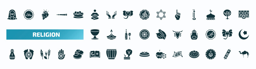 set of 40 filled religion icons. flat icons such as moses, meditation, one god, laver of washing, sacred cow, religious salt, koran, magic carpet, qibla, dromedary glyph icons.