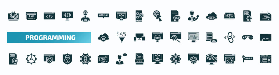 set of 40 filled programming icons. flat icons such as software, http, seo growth, cloud storage, adaptive layout, c sharp, page, image seo, bug report, web page glyph icons.