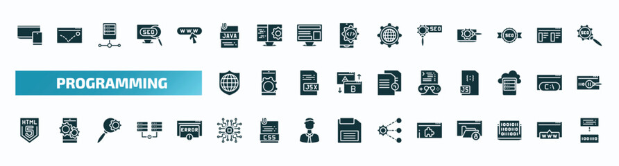 set of 40 filled programming icons. flat icons such as responsive, , advertising, secured network, game development, html5, microchip, plugin, binary code, compiler glyph icons.