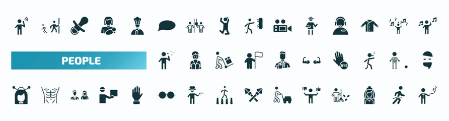 set of 40 filled people icons. flat icons such as man hearing, chat balloon, napoleon figure, man making soap bubbles, biceps of a man, japanese geisha, couple of glasses, preference, bride avatar,