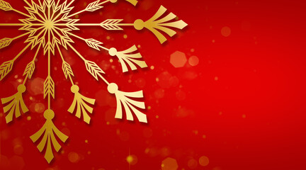 Fototapeta na wymiar Christmas card with a golden big snowflake on a red background and highlights. Beautiful Christmas banner with copy space Golden blizzards and blurry lights on a red background.