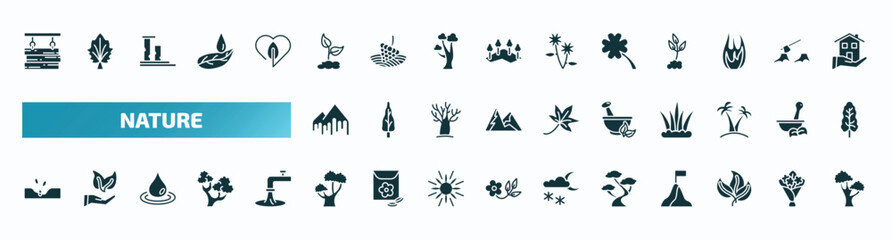 Obraz premium set of 40 filled nature icons. flat icons such as wood board, grows, four leaf clover, melting, flower therapy, sow, chestnut oak tree, bonsai tree, green, black oak tree glyph icons.