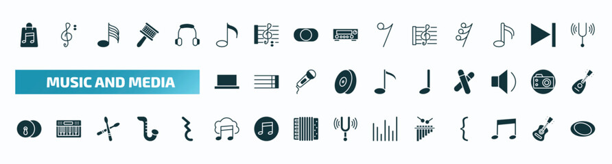 set of 40 filled music and media icons. flat icons such as music store, quaver, stave, half rest, quarter note, cymbals, downloaded music cloud, marimba, beam, whole glyph icons.