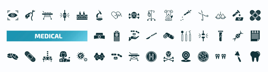 set of 40 filled medical icons. flat icons such as eye scanner medical, microscope tool, dosage medical tool, nurse cross, dentist tool, tablets, thyroid gland, hospital placeholder, braces, molar