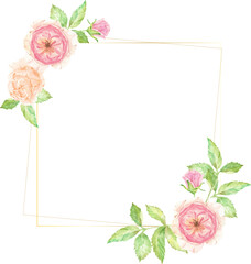 watercolor beautiful English rose flower bouquet wreath with gold frame