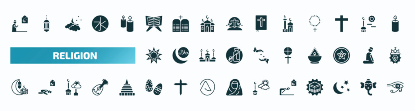 set of 40 filled religion icons. flat icons such as muslim man praying, quran rehal, small mosque, bahai, gticism, islamic ramadan, easter eggs, ruku posture, star and crescent moon, eye of ra glyph
