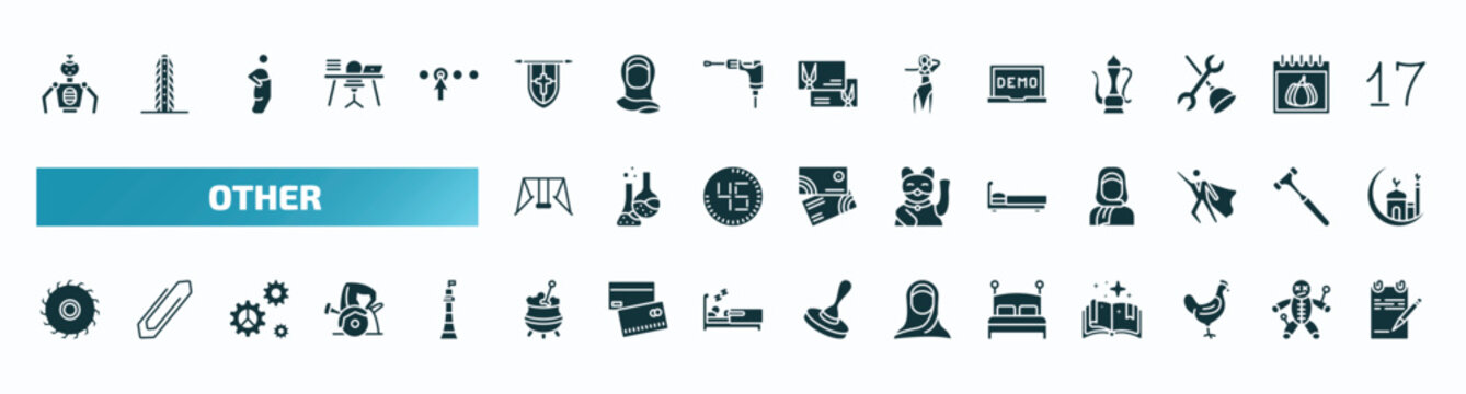 set of 40 filled other icons. flat icons such as robot of japan, blazon, demostration, swing game, sleeping bed, saw blade, caudron, hotel bed, chichen hen, paper list and a pencil glyph icons.