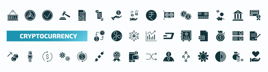 set of 40 filled cryptocurrency icons. flat icons such as sell, budget accounting, casino chips, proof of capacity, strongbox, mining, chains, blokchain block, tor, donation glyph icons.