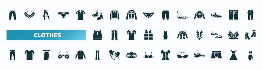 set of 40 filled clothes icons. flat icons such as sweatpants, men socks, gladiator sandal, tank top, blazer, slim fit pants, flare pants, cat eye glasses, boxers, drees glyph icons.