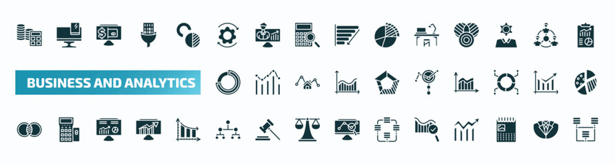 set of 40 filled business and analytics icons. flat icons such as spending, synchronization, workplace, round value chart, market research, merge charts, hierarchy, search analytics, wall calendar,