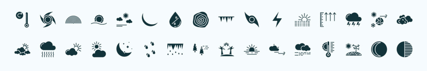 flat filled weather icons set. glyph icons such as degree, calm, icy, foggy day, climate, smog, twilight, patchy fog, forecast, drought, waning moon icons.