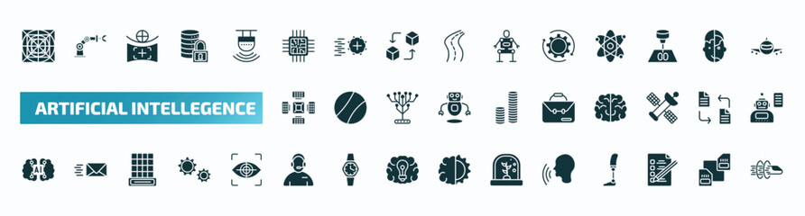 set of 40 filled artificial intellegence icons. flat icons such as ai grid, chip, processing, nano sensor, business, artificial intelligence, assistant, voice recognition, check list, hyperloop