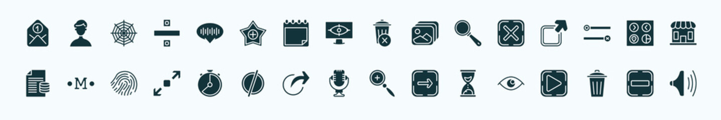 flat filled user interface icons set. glyph icons such as envelope, voice message, remove, cancel, user ting interface, medium, hour, voice recording, sand clock, eliminar, subtraction icons.