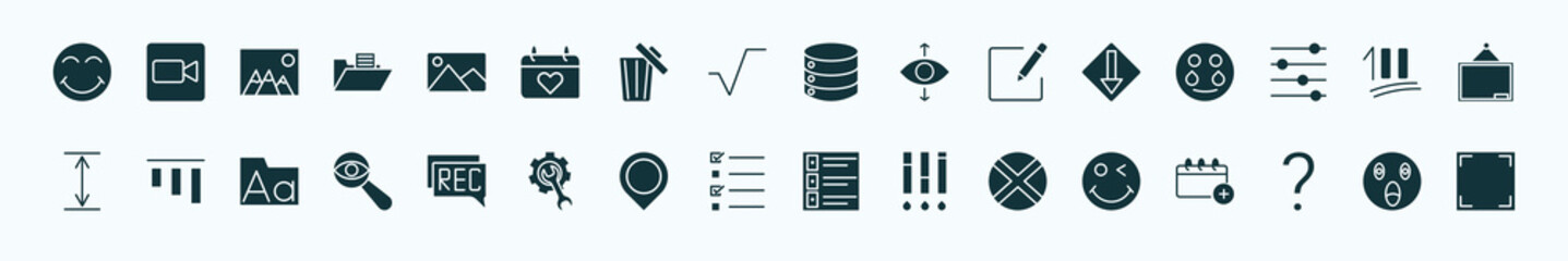 flat filled user interface icons set. glyph icons such as joyful smile, images, disk storage, low, one hundred, top alignment, recording conversation, test quiz, jamaican, question mark, shocked