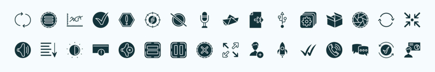 flat filled user interface icons set. glyph icons such as reload, exclamation button, paper boat, pic, retweet, sort down, low volume, wrong, rocket launch, bubble speech, activated icons.