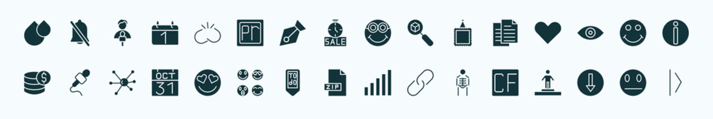 flat filled user interface icons set. glyph icons such as big and small drops, disconnected chains, nerd smile, paper work, smiling smile, mic interface, in love smile, zip file, anatomy class