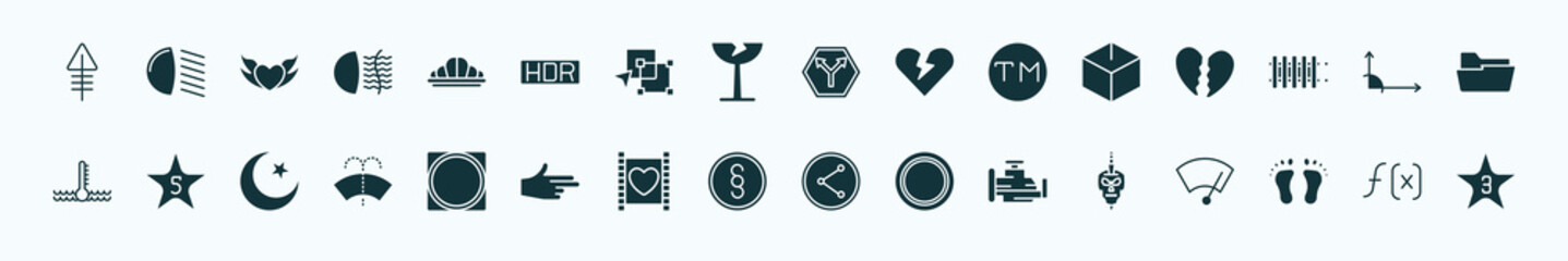 flat filled shapes icons set. glyph icons such as phosphorus, reign, y shaped intersection, blank cube, angle of acute, star with number five, vignette, paragraph, malfunction indicador, human foot
