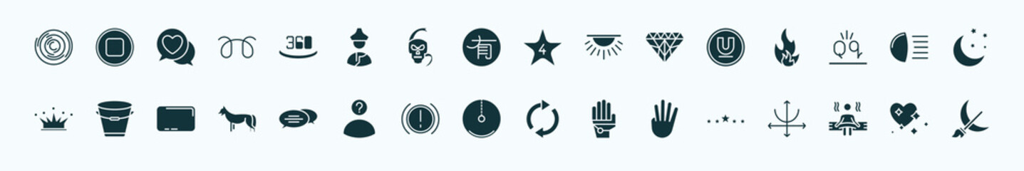 flat filled shapes icons set. glyph icons such as circles, 360, star with number four, undelined, high beam, empty bucket, oval speech bubble, radius of circle, four finger in hand, spa room, heart