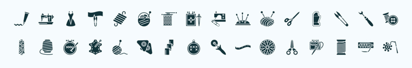 flat filled sew icons set. glyph icons such as paint tube, wire coil, sewing clip art, scissors, seam ripper, spool, wool ball, arras, spokes, thread, suture icons.