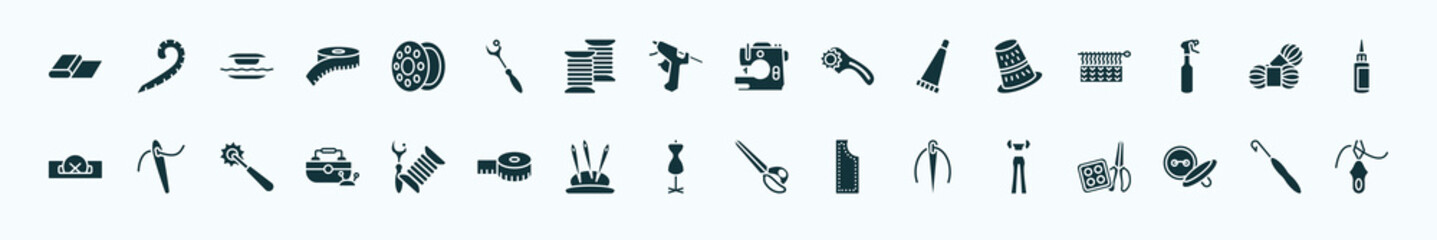 flat filled sew icons set. glyph icons such as fabric, bobbin, tailoring hine, sewing thimble, yarn, sewing needles, sewing equipment, mannequin, needles, button, crochet hook icons.