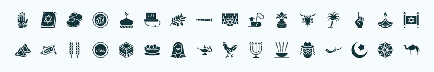 flat filled religion icons set. glyph icons such as henna painted hand, mosque domes, kotel, sacred cow, dipa, magic carpet, kaaba mecca, genie lamp, incense, islam, dharma icons.