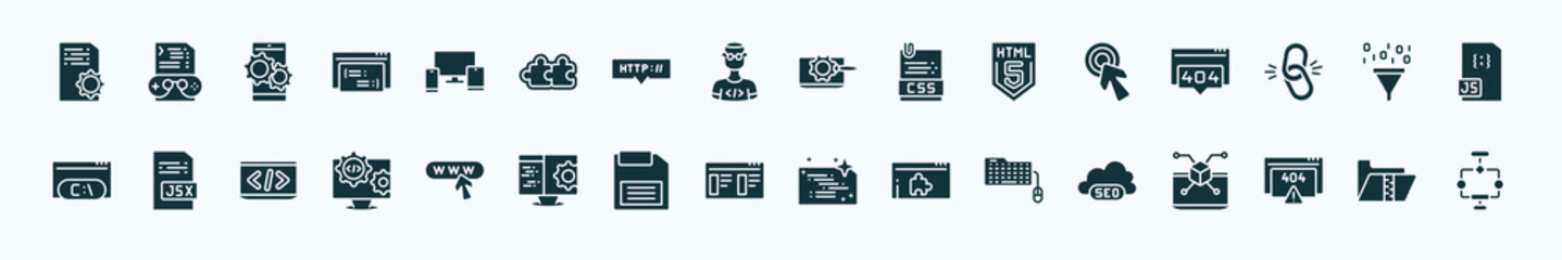 flat filled seo icons set. glyph icons such as article, cross-platform, seo tools, click, seo funnel, jsx, web domain, theme, keyboard and mouse, error 404, archive icons.