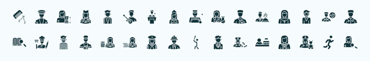 flat filled professions icons set. glyph icons such as hairdresser, butler, welder, waiter, podiatrist, cooker, mathematician, engineer, pharist, pediatrician, athlete icons.