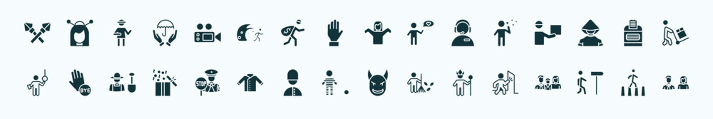 Fototapeta premium flat filled people icons set. glyph icons such as lance, movie director, getting dressed, man making soap bubbles, ticket hine, goodbye, traffic police, war prisioner, king in his throne, walking to