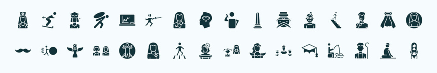 flat filled people icons set. glyph icons such as female doctor, classroom stats, man talking with phone, old woman, cape, effort, vitruvian man, mexican woman, father and children, shepherd, julus