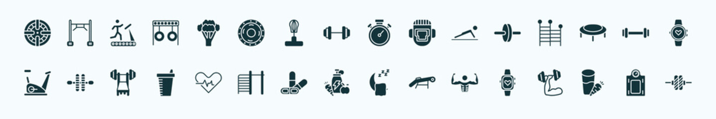 flat filled gymandfitness icons set. glyph icons such as iron shoot, broccoli porcion, big stopwatch, fitness wheel, exercising dumbbell, gymnastic roller, fitness heart, fitness food, bodybuilder,