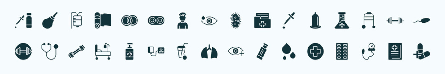 flat filled health and medical icons set. glyph icons such as serum, rings, microbe, condom, dumbbells, stethoscope, desinfectant, lung, blood, tonometer, medical book icons.