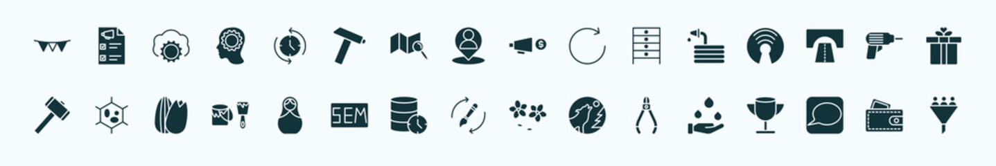 flat filled general icons set. glyph icons such as party decoration, rewind time, marketing budget, hose with drops, perforator, organism, matryoshka, brush history, nippers, message app, card