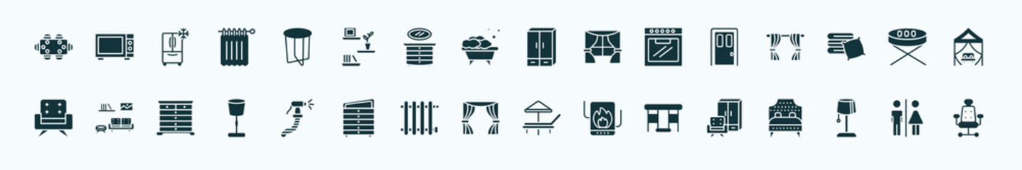 flat filled furniture & household icons set. glyph icons such as dining table, side table, cupboard, door, card table, livingroom, bidet, curtain, gateleg bedroom lamp, wc icons.