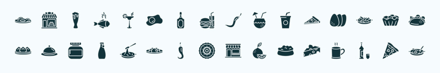 flat filled food and restaurant icons set. glyph icons such as zha jiang mian, cocktail on a glass, spicy food, italian, canadian, covered food tray, black sesame soup, moon cake, dog alcoholic,