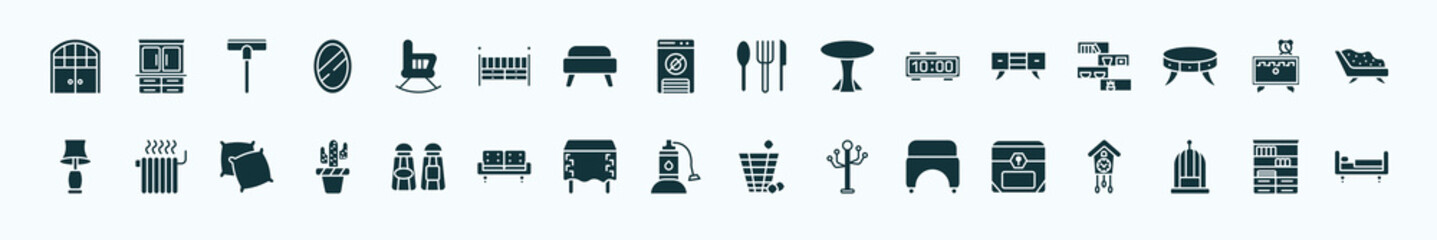 flat filled furniture & household icons set. glyph icons such as double door, rocking chair, silverware, credenza, night stand, heating, salt and pepper shakers, sump pump, hassock, bird cage,