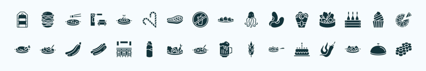 flat filled food icons set. glyph icons such as tiffin, fuqi feipian, mantou, onion rings, muffin bake, noodle soup, cafe bar, shuizhu, buddhas delight, soy eggs, salver icons.