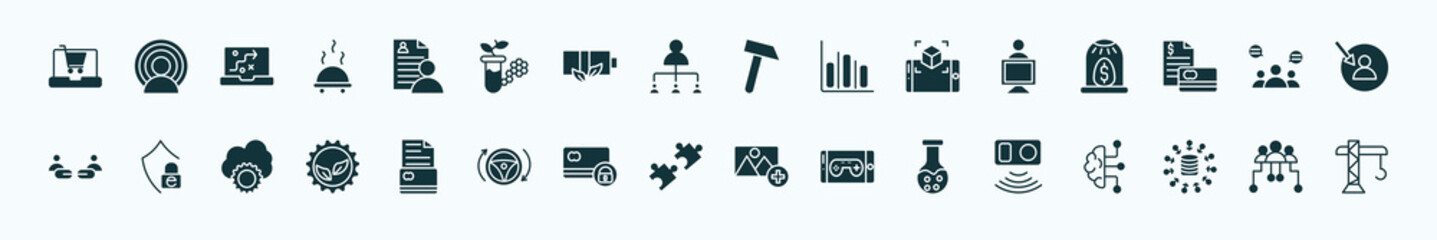 flat filled general icons set. glyph icons such as ecommerce platform, hr policies, sledgehammer, coworking, group opinion, e-privacy, credit history, compatibility, chemical lab, data aggregation,
