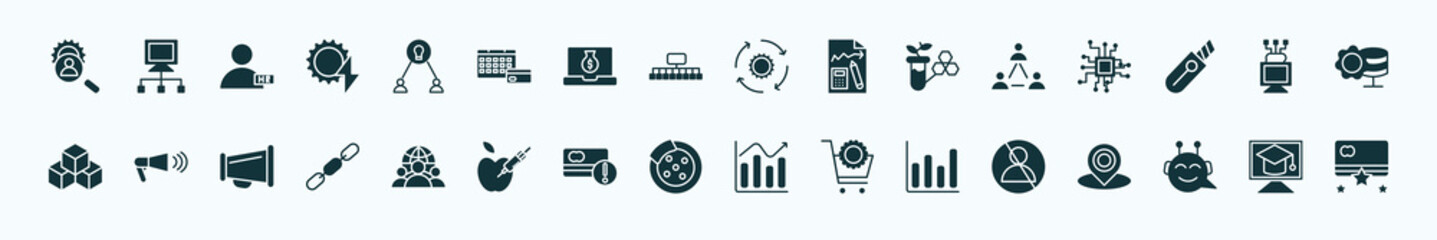 flat filled general icons set. glyph icons such as hr services, collaborative idea, implementation, business networking, edge computing, advertising agency, team, disk brake, ar graph, chat bot,