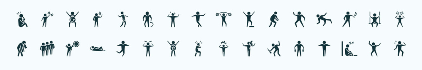 flat filled feelings icons set. glyph icons such as sore human, sexy human, pumped human, positive free content good surprised drunk sleepy happy icons.