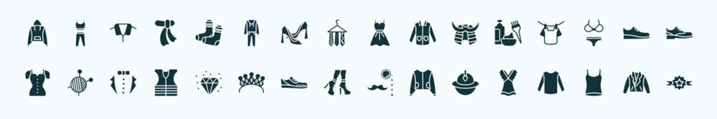 flat filled fashion icons set. glyph icons such as sweater with pockets, pair of socks, women drees, hair dye, one shoe, skein, diamond precious stone, high heel boots, firefighter hat, women