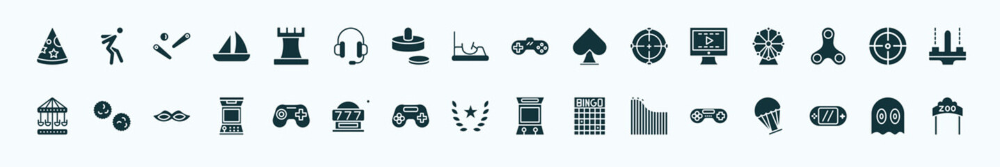 flat filled arcade icons set. glyph icons such as party hat, chess piece, super, video editing, shooter, pom pom, joystick, glory, roller coaster, video console, ghost icons.