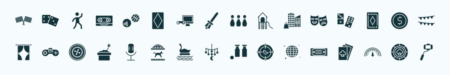 flat filled arcade icons set. glyph icons such as racing, sports ball, bowling pins, theater, token, game controller, voice acting, childhood, nightclub, speedometer, poker chip icons.