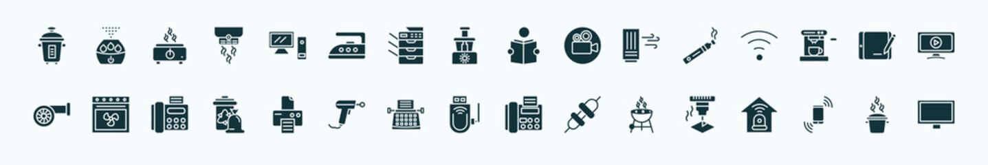 flat filled electronic devices icons set. glyph icons such as rice cooker, desktop computer, book reader, vaporizer, graphic tablet, convection oven, print, usb wireless adapter, grill, cell phone,