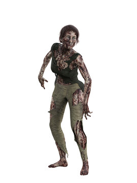 Blood stained zombie woman in tattered clothing. Isolated 3D rendering.
