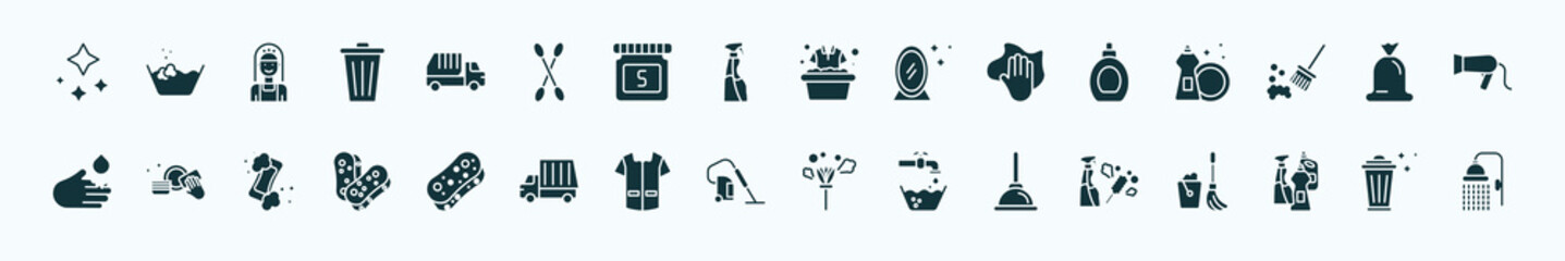 flat filled cleaning icons set. glyph icons such as neat, garbage truck, clothes cleaning, perfume cleanin, trash bag, washing plate, sponges, hoover, plunger, cleaning products, trash cleanin
