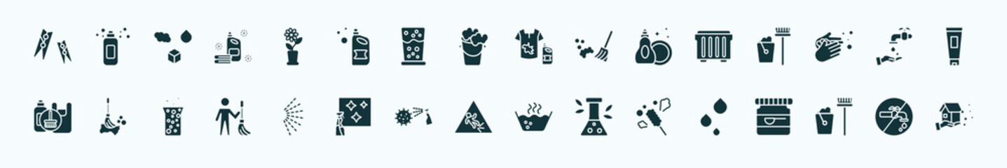 flat filled cleaning icons set. glyph icons such as clothes peg, rose cleanin, stain remover, dumpster, hand wash, floor mop, spray, wet floor, duster, dustpan cleanin, no water cleanin icons.