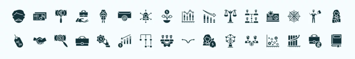 Fototapeten flat filled business icons set. glyph icons such as man with moustach, woman holding big coin, column chart, increase team work, man succesing, shaking hands, hand with money gear, work parteners, © Farahim
